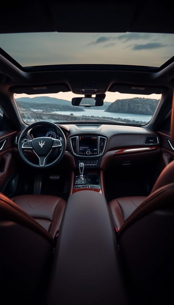Maserati Levante interior, luxurious and sophisticated. Fine Italian leather upholstery in a rich, deep shade adorns the seats and dashboard. Elegant wood accents and polished metal trim provide a striking contrast. Ambient lighting casts a warm glow, highlighting the intricate stitching and attention to detail. The driver's cockpit features a large, high-resolution digital display and a sleek, ergonomic steering wheel. In the middle, a center console with a modern infotainment system and a array of controls. Expansive, panoramic windows offer a grand view of the outside world, complementing the refined, tranquil atmosphere within.