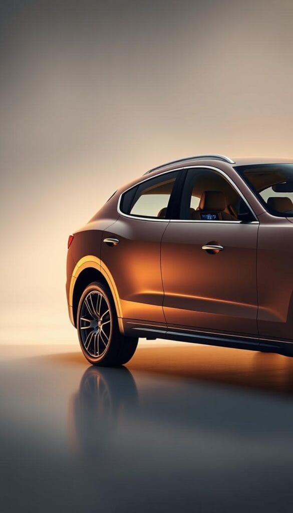 Maserati Levante parked in a sleek, modern studio setting. The vehicle's exterior is bathed in warm, directional lighting, highlighting its sleek, muscular lines and luxurious chrome accents. The interior is visible through the windows, showcasing a high-end sound system with advanced digital signal processing capabilities. The scene has a sense of technological sophistication and premium quality, befitting the Maserati brand and the article's focus on the vehicle's advanced audio system.