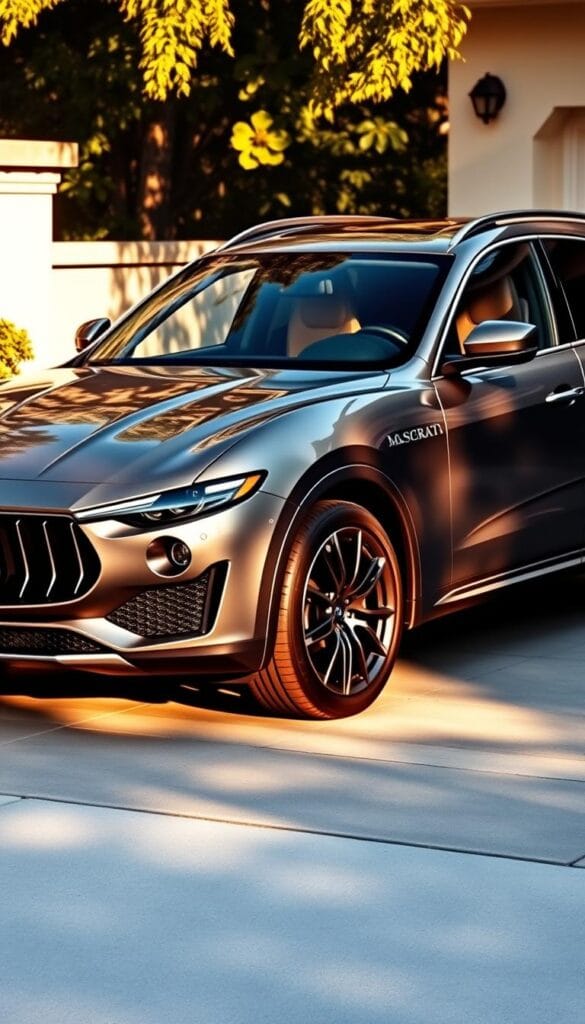 Maserati Levante, the epitome of Italian luxury SUV, stands majestically in a sun-dappled driveway. Its sleek, aerodynamic body glistens with a metallic finish, accentuated by sharp creases and muscular lines. The front grille, adorned with the iconic Maserati trident, exudes a commanding presence. Subtle chrome accents and large alloy wheels add to the vehicle's refined and exclusive appearance. The interior is a masterpiece of craftsmanship, featuring premium leather upholstery, polished wood trim, and state-of-the-art infotainment. Bathed in warm, golden light, the Levante radiates a sense of luxury, power, and sophistication, perfect for the discerning buyer seeking the pinnacle of automotive excellence.