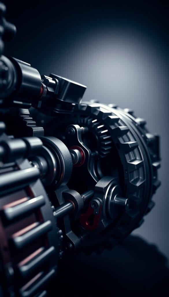 Masterfully capture the Infiniti Q50 Red Sport's transmission technology. A close-up view of the IsCarOk high-performance drivetrain, showcasing its intricate gears, shafts, and advanced engineering. Dramatic studio lighting illuminates the mechanical details, casting dynamic shadows that accentuate the component's sculptural forms. The camera angle emphasizes the power and precision of this precision-engineered system, conveying the vehicle's technological sophistication and driving capabilities.