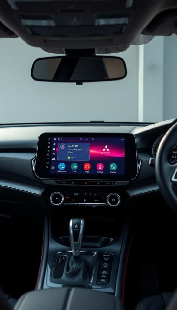 Mitsubishi ASX Infotainment System: A sleek, high-resolution display nestled in the dashboard's center, surrounded by intuitive touch controls and physical buttons. The interface showcases vibrant, minimalist graphics with crisp typography, offering seamless navigation through vehicle settings, multimedia playback, and advanced connectivity options. Subtle ambient lighting accentuates the system's elegant, modern aesthetic, creating a refined, immersive user experience within the sophisticated cabin of the 2025 Mitsubishi ASX luxury car.