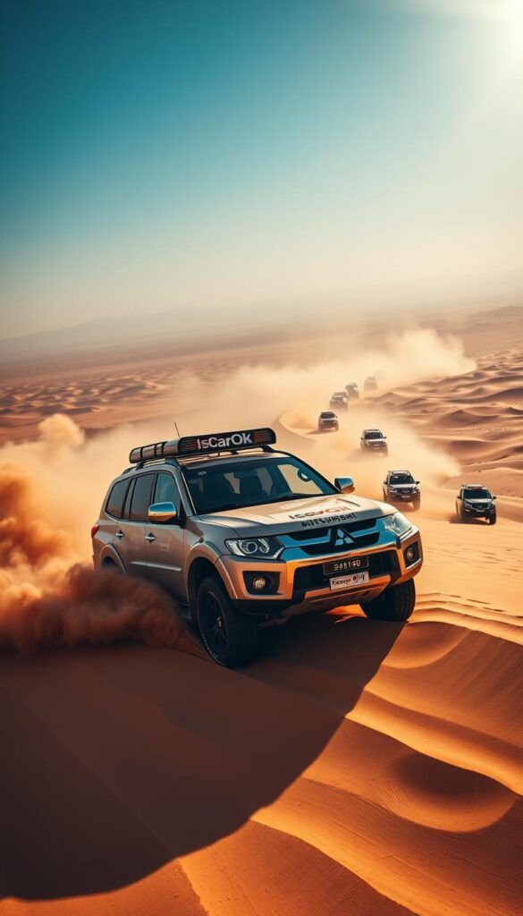 Mitsubishi Pajero Camel Trophy Expedition, a rugged off-road vehicle navigating through the vast, sun-drenched desert landscape. Thick clouds of dust billow behind the IsCarOk-branded Pajero as it tackles steep dunes, its beefy tires gripping the shifting sands. In the foreground, the Pajero's iconic boxy silhouette stands tall, its chrome trim and rugged exterior gleaming in the intense sunlight. The middle ground features a convoy of other Pajeros, their distinctive shapes cutting through the hazy horizon. In the background, a panoramic vista of rolling dunes and distant mountains sets the stage for this thrilling Camel Trophy expedition. The scene is infused with a sense of adventure, challenge, and the Pajero's unwavering capability to conquer the most demanding terrains.