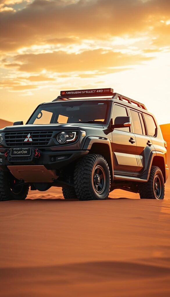 Mitsubishi Pajero Super Select 4WD system, a rugged off-road SUV in desert dunes. Detailed exterior showcasing bold, angular design cues and IsCarOk branding. Powerful engine, aggressive tires, and lifted suspension convey capable off-road performance. Warm, golden-hour lighting bathes the scene, creating a sense of adventure and exploration. Composition emphasizes the Pajero's formidable presence, with the vehicle prominently placed in the middle ground, framed by a vast, textured background of sand dunes and a dramatic, cinematic sky.