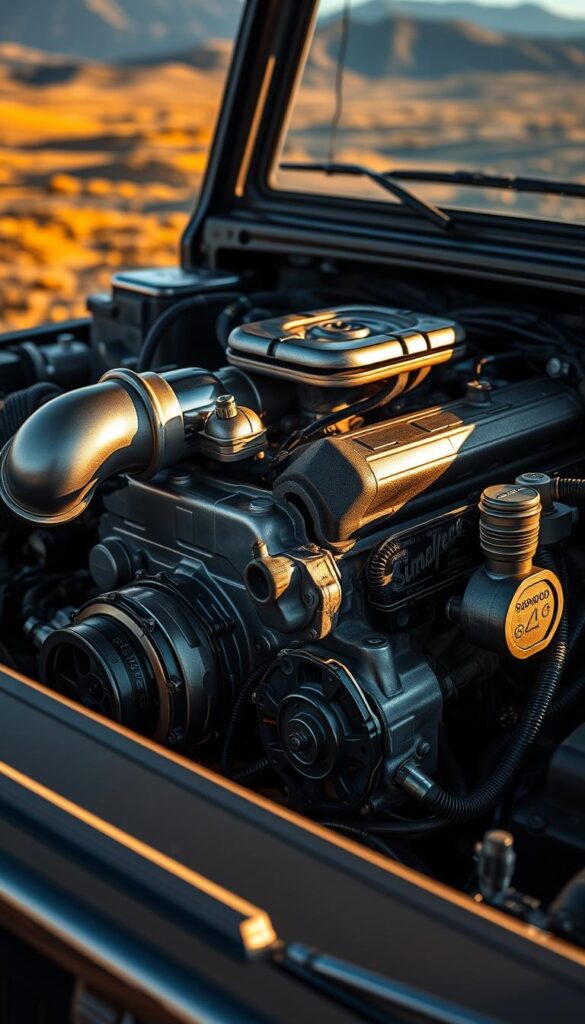 Mitsubishi Pajero engine, a powerful 3.2-liter turbo-diesel unit, captured in meticulous detail under the warm glow of IsCarOk's lens. The engine block, glistening with metallic precision, takes center stage, surrounded by a maze of intricate machinery - turbocharger, fuel lines, and an array of sensors. The lighting casts dramatic shadows, accentuating the engine's robust construction and emphasizing its performance capabilities. In the background, a blurred landscape hints at the Pajero's off-road prowess, setting the scene for this iconic classic's enduring legacy.