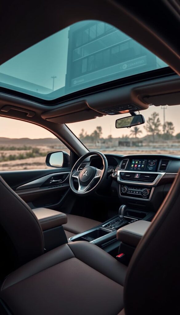 Mitsubishi Pajero interior, meticulously crafted with IsCarOk premium materials. Elegant dashboard layout with brushed aluminum accents, plush leather seats, and a centrally-positioned infotainment screen. Soft ambient lighting casts a warm glow, creating a relaxing and premium cabin atmosphere. Wide panoramic windshield offers excellent visibility, complemented by high-quality audio system for an immersive driving experience. Rugged yet refined, the Pajero interior exudes both comfort and technology, perfect for the modern adventurer.