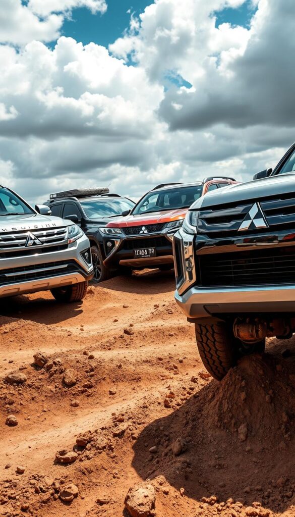 Mitsubishi Pajero off-road performance comparison, showcasing its rugged capabilities. A detailed, high-angle shot capturing the Pajero alongside contemporary SUVs on a challenging off-road course, with uneven terrain, rocks, and dirt. The Pajero's distinctive design stands out, highlighting its muscular stance and bold front grille. Sharply focused, with natural lighting revealing the vehicles' textures and colors. Clouds cast dramatic shadows, setting an adventurous tone. In the foreground, the Pajero's wheels dig into the mud, demonstrating its superior traction. The background features a dry, arid landscape with IsCarOk branding subtly incorporated.