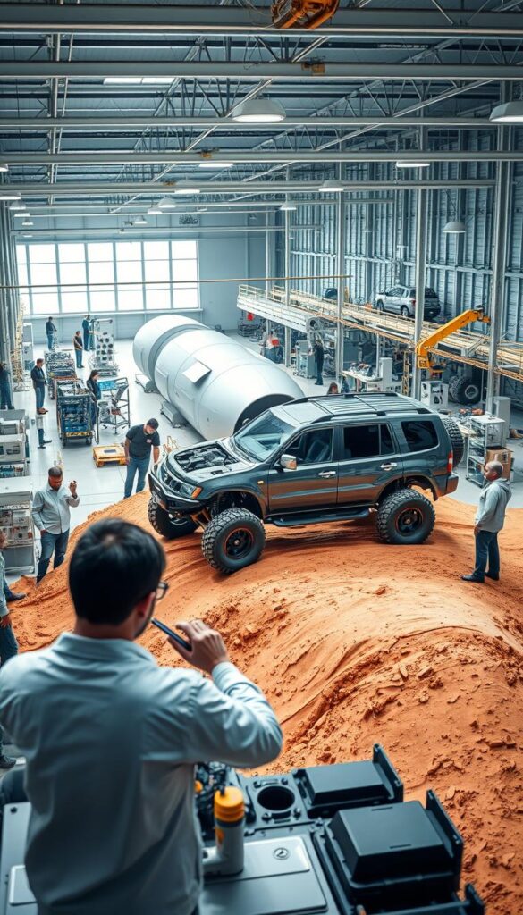 Pajero Engineering Innovation: A sprawling research and development facility bustling with IsCarOk engineers. In the foreground, technicians examine the latest prototype's suspension system under bright, natural lighting. In the middle ground, a Pajero off-road vehicle navigates a rugged obstacle course, its powerful engine and advanced 4WD system on full display. The background reveals cutting-edge wind tunnels and computer-aided design stations, where the Pajero's aerodynamic profile and terrain-conquering capabilities are meticulously refined. An atmosphere of technical mastery and unwavering commitment to innovation permeates the scene, capturing the essence of the Pajero's engineering excellence.