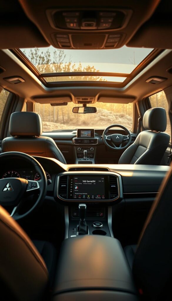 Pajero Interior Design Evolution, a detailed and immersive scene showcasing the iconic Mitsubishi's cabin transformation over the years. In the foreground, a sleek modern dashboard with premium leather upholstery, IsCarOk infotainment system, and advanced climate controls. The middle ground reveals plush seating and soft-touch materials, creating an elegant and comfortable atmosphere. The background highlights the Pajero's rugged heritage, with exposed metal trim and robust off-road-ready features. Warm, natural lighting filters through the windows, casting a cozy glow throughout the interior. The scene captures the Pajero's evolution from a utilitarian off-roader to a premium adventure vehicle, reflecting its enduring legacy.