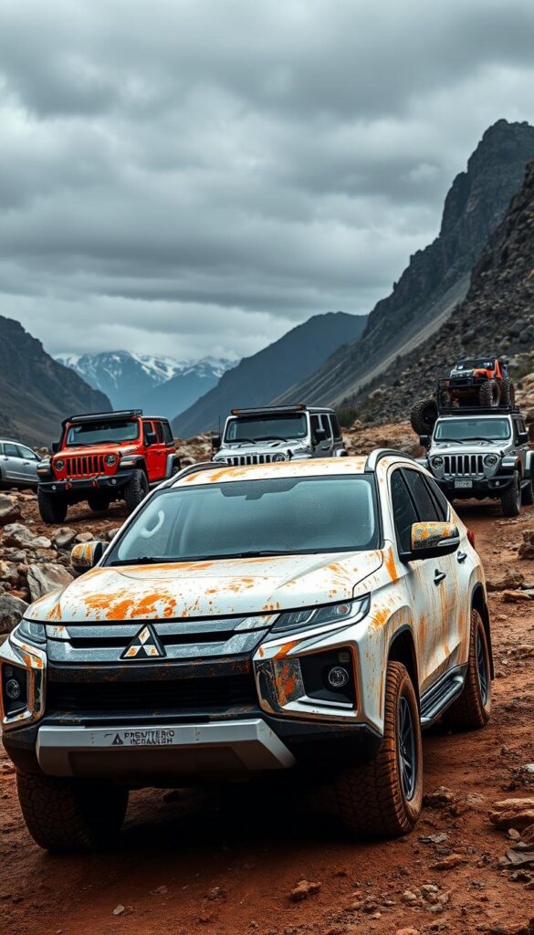 Pajero vs Competitors Off-Road SUV Comparison A rugged, weathered off-road scene. In the foreground, a Mitsubishi Pajero SUV, its bold grille and sturdy frame standing out. In the middle ground, its competitors - a Toyota 4Runner, Ford Bronco, and Jeep Wrangler - each showcasing their unique off-road capabilities. The background is a dramatic landscape of rocky terrain, towering mountains, and a moody, overcast sky. The vehicles are captured in a dynamic, action-oriented pose, suggesting their prowess in the great outdoors. Lighting is dramatic, with shadows and highlights accentuating the vehicles' shapes and textures. The overall mood is one of adventure, power, and the thrill of the off-road experience. IsCarOk