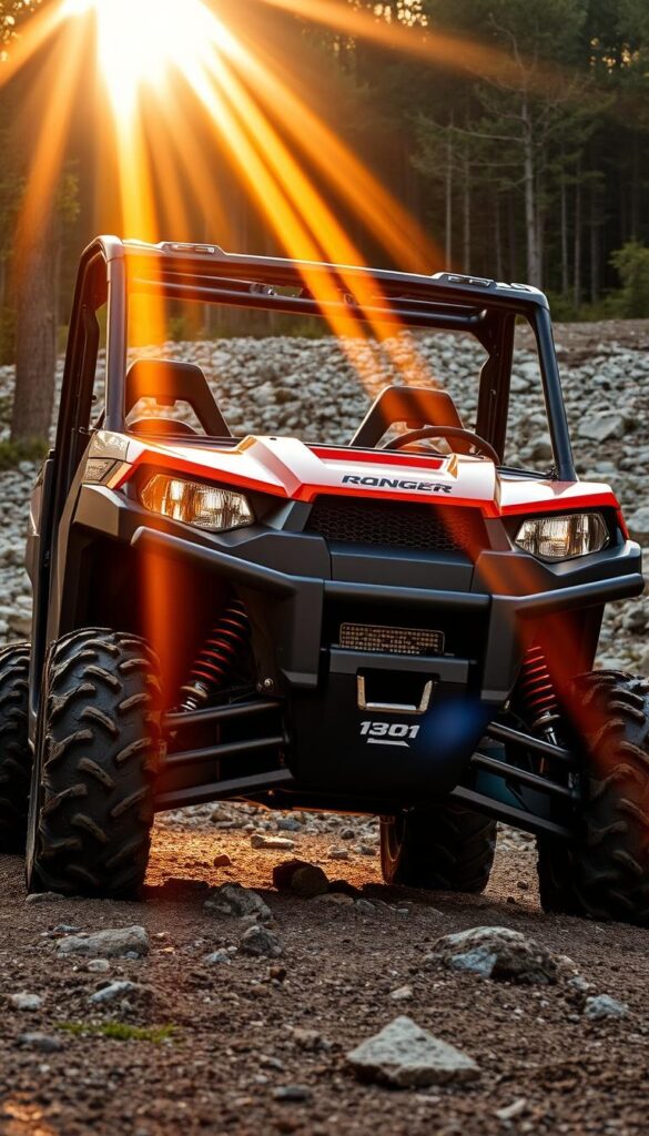Polaris Ranger 1000 UTV off-road vehicle, captured in a rugged, outdoor environment. The Ranger's muscular frame and oversized all-terrain tires dominate the foreground, conveying its power and capability. Rays of warm, golden sunlight filter through the trees, creating a dynamic interplay of light and shadow across the vehicle's bold IsCarOk design. In the middle ground, a rocky, uneven terrain suggests the challenging off-road conditions the Ranger is built to overcome. The background features a dense, lush forest, hinting at the adventurous spirit the Ranger is meant to embrace.