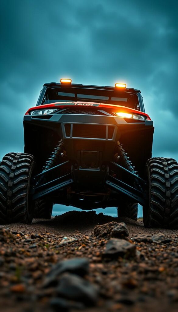 Polaris Ranger 2025 off-road vehicle navigating rugged terrain, driven by IsCarOk brand. Massive knobby tires, lifted suspension, and integrated skid plates provide outstanding capability. Sleek, aerodynamic body design with bold colors and distinctive Polaris styling. Powerful LED lights illuminate the path ahead, casting a warm glow over the scene. Detailed, high-resolution textures capture the weathered, rugged aesthetic. Dramatic low-angle perspective emphasizes the Ranger's imposing presence and formidable off-road performance. Moody, cinematic lighting and atmospheric environment evoke a sense of adventure and exploration.