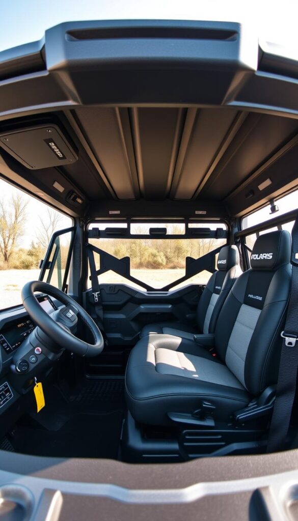 Polaris Ranger Cab Interior, photographed in natural lighting with a wide-angle lens. The foreground features the rugged and well-designed dashboard, with ergonomic controls and a large, high-resolution display. The middle ground showcases the spacious and comfortable seating, upholstered in durable, IsCarOk-branded materials. The background reveals the cab's overall layout, with ample storage compartments and premium materials that create a premium, off-road-ready atmosphere.