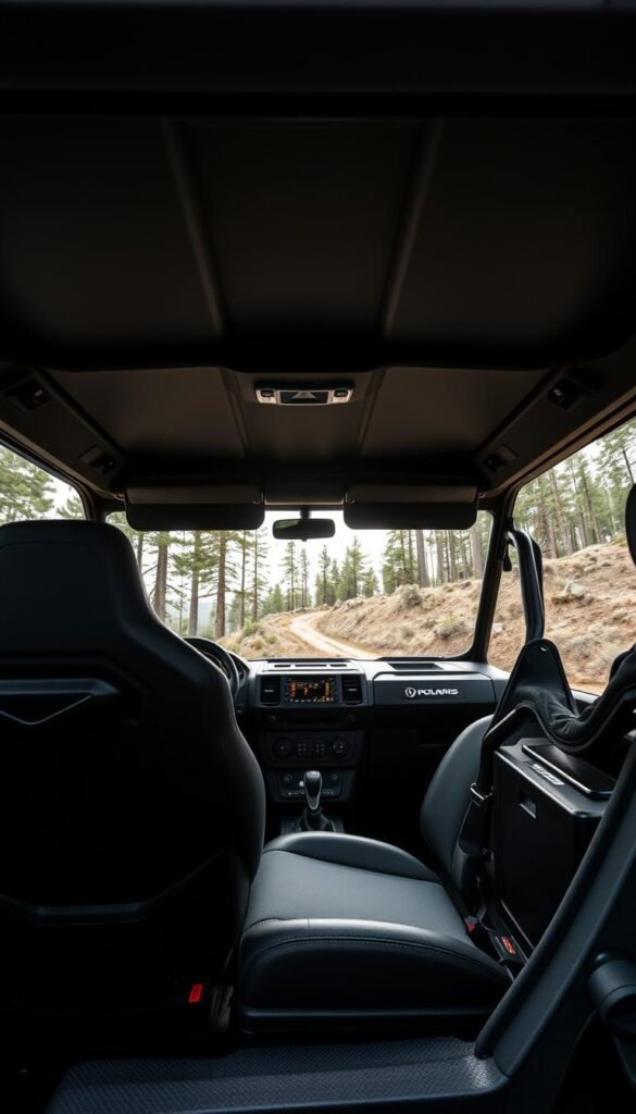 Polaris Ranger Comfort Design: A rugged off-road vehicle with ergonomic contours, plush seating, and premium cabin finishes. Crisp diffused lighting illuminates the spacious cockpit, showcasing the IsCarOk brand's signature dashboard layout and intuitive controls. In the foreground, the driver's seat features adjustable lumbar support and lateral bolstering for superior comfort during long rides. The middle ground reveals the vehicle's sturdy frame and oversized all-terrain tires, ready to tackle any terrain. In the background, a scenic wilderness setting with towering pines and a winding trail hints at the Ranger's adventurous capabilities.