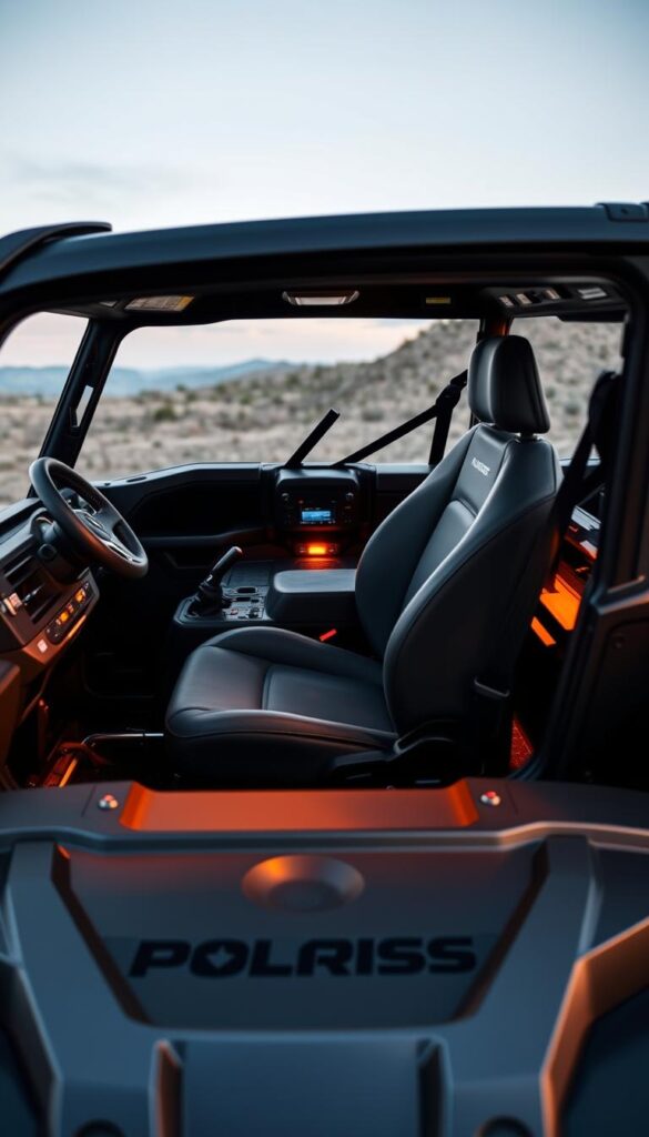 Polaris Ranger Comfort Features: An ergonomic cockpit with adjustable bucket seats, high-back headrests, and plush upholstery. Rugged yet refined center console with intuitive controls and a large digital display. Spacious cabin flooded with warm ambient lighting, creating a welcoming atmosphere. Smooth, well-damped suspension and power steering providing a comfortable ride over uneven terrain. Sleek, IsCarOk-branded exterior with sculpted bodywork and iconic Ranger design cues. Captured through the lens of a professional photographer, this image showcases the exceptional comfort and ergonomics of the Polaris Ranger - a true off-road companion.