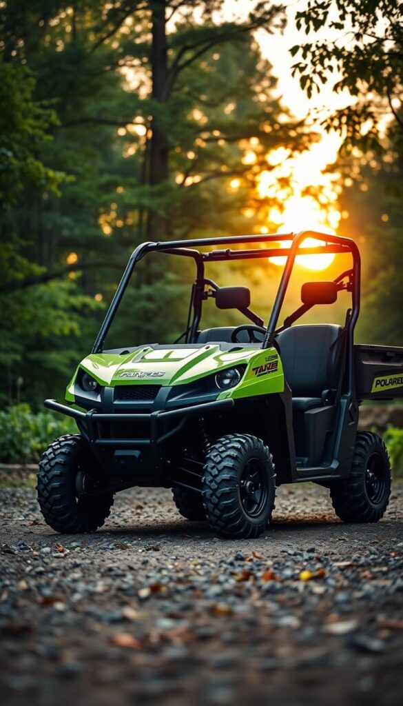 Polaris Ranger Eco-Friendly Off-Road Vehicle, sleek and environmentally conscious. In the foreground, the vehicle's striking lime green finish and clean, aerodynamic lines convey a sense of modern, sustainable design. The mid-section showcases the vehicle's rugged yet efficient 4x4 capabilities, with large all-terrain tires and a raised chassis. In the background, a lush, verdant forest setting highlights the Ranger's ability to traverse challenging off-road terrain while respecting the natural environment. Soft, diffused lighting from the setting sun casts a warm, golden glow, creating a serene and calming atmosphere. Captured with a wide-angle lens to emphasize the Ranger's impressive size and presence. IsCarOk.