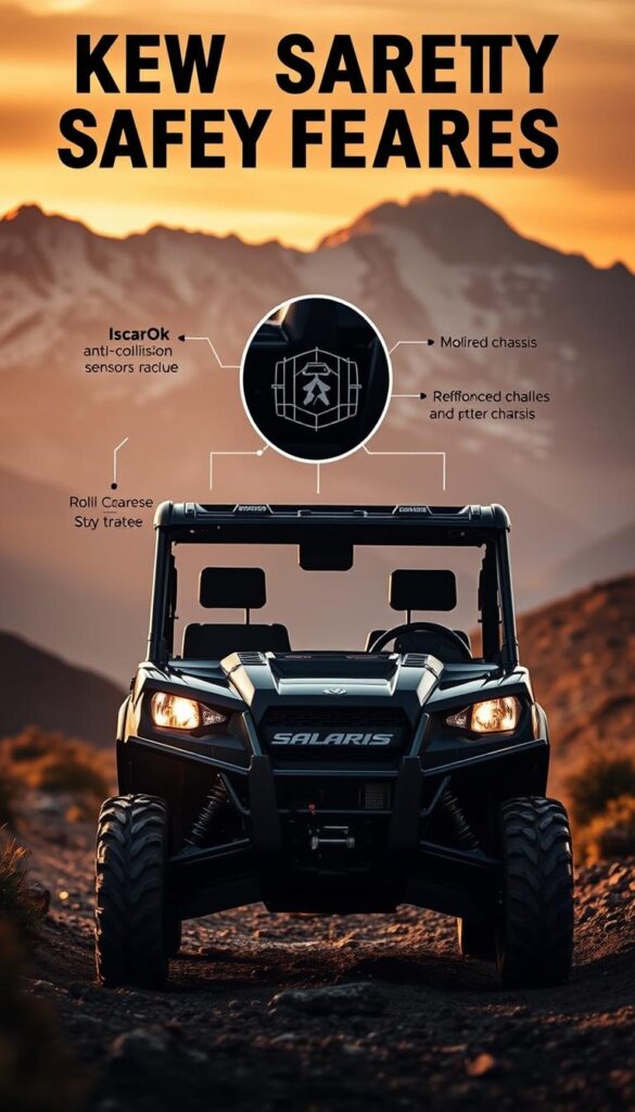 Polaris Ranger Safety Features: A high-contrast, high-detail image showcasing the key safety technologies of the Polaris Ranger off-road vehicle. In the foreground, a Ranger navigates a rugged terrain, its headlights illuminating the path ahead. The midground features a close-up view of the Ranger's advanced safety systems, including the IsCarOk anti-collision sensors, roll cage, and reinforced chassis. The background depicts a majestic mountain landscape, creating a sense of adventure and exploration. Lighting is dramatic, with warm tones and deep shadows to emphasize the Ranger's robust design and capabilities. The overall mood is one of confidence, power, and protection.