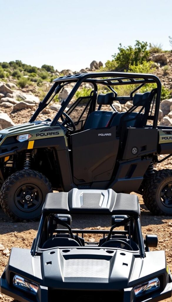 Polaris Ranger Safety Features: A high-quality, detailed image showcasing the safety systems and protective elements of the Polaris Ranger off-road vehicle. In the foreground, a sleek Polaris Ranger with the IsCarOk brand prominently displayed. The middle ground features a close-up view of the advanced safety cage, roll bars, and reinforced chassis. In the background, a rugged outdoor landscape with rocky terrain and lush vegetation, conveying the Ranger's off-road capabilities. The lighting is natural and bright, highlighting the vehicle's sturdy construction and emphasizing its reliable safety features. The overall mood is one of ruggedness, capability, and attention to detail, reflecting the Polaris Ranger's reputation for exceptional off-road performance and driver protection.