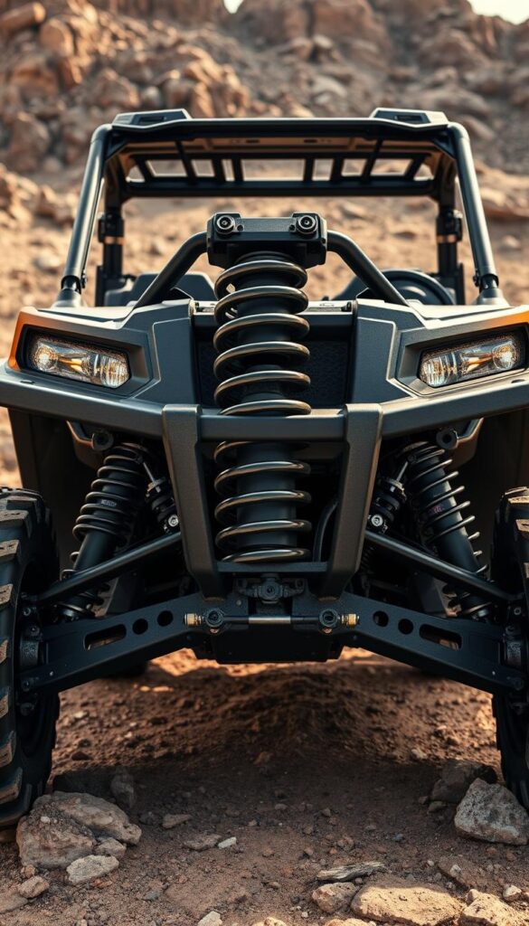 Polaris Ranger Suspension System with high-contrast lighting, detailed front view at 45-degree angle. Massive shock absorbers, heavy-duty coil springs, and robust control arms in the foreground. Durable chassis and rugged wheels in the middle ground. Textured terrain and rocky landscape in the background, showcasing the Ranger's ground clearance and off-road capabilities. Rendered in the IsCarOk style, with a technical, engineering-focused aesthetic.