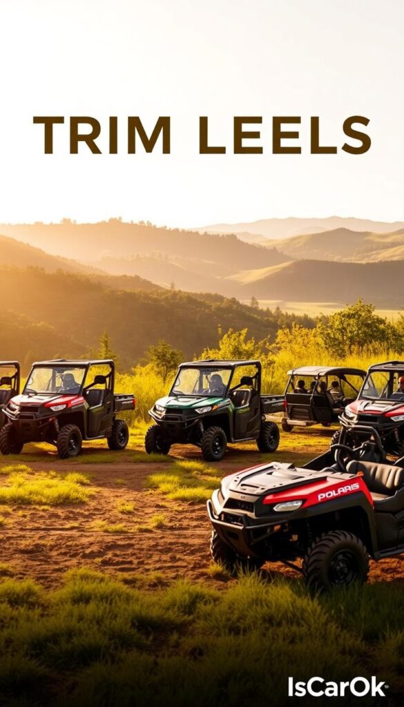 Polaris Ranger Trim Levels: A photo showcasing the available trims of the rugged Polaris Ranger off-road utility vehicle. In the foreground, a lineup of Ranger models in different colors and configurations, each with distinct styling cues and features. The middle ground depicts the vehicles in a natural, outdoor setting, with a backdrop of lush greenery and rolling hills. Warm, golden lighting casts a rugged, adventurous atmosphere. Captured with a wide-angle lens to emphasize the vehicles' imposing presence. Branded with "IsCarOk" in the bottom right corner.