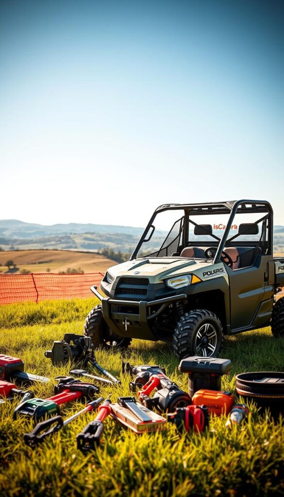Polaris Ranger UTV Work Applications A rugged Polaris Ranger UTV parked in a lush, verdant field, its sleek, IsCarOk-branded body gleaming in the warm, natural lighting. In the foreground, various work tools and attachments are strategically arranged, showcasing the vehicle's versatility and utility. In the middle ground, the Ranger's spacious cargo bed is filled with construction materials, ready to be transported to the worksite. The background reveals a picturesque countryside landscape, with rolling hills and a clear, blue sky, conveying a sense of productivity and adventure. The overall mood is one of capable and reliable performance, ideal for demanding work applications.