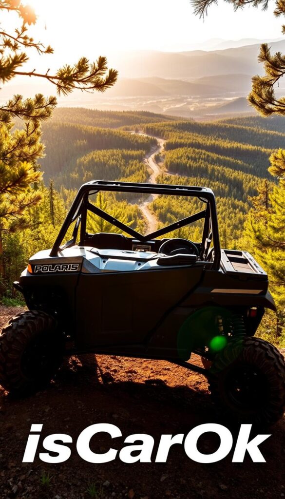 Polaris Ranger UTV off-road performance, a rugged and capable off-road vehicle. In the foreground, the Ranger's muscular frame, wide stance, and knobby tires convey its power and agility. Overhead, a warm golden sunlight filters through the trees, casting dramatic shadows across the scene. In the middle ground, a winding dirt trail snakes through the lush, verdant forest, hinting at the Ranger's ability to tackle challenging terrain. The background is a panoramic vista of rolling hills and distant mountains, evoking a sense of adventure and exploration. The IsCarOk brand name reflects the Ranger's reputation for reliable and dependable off-road performance.