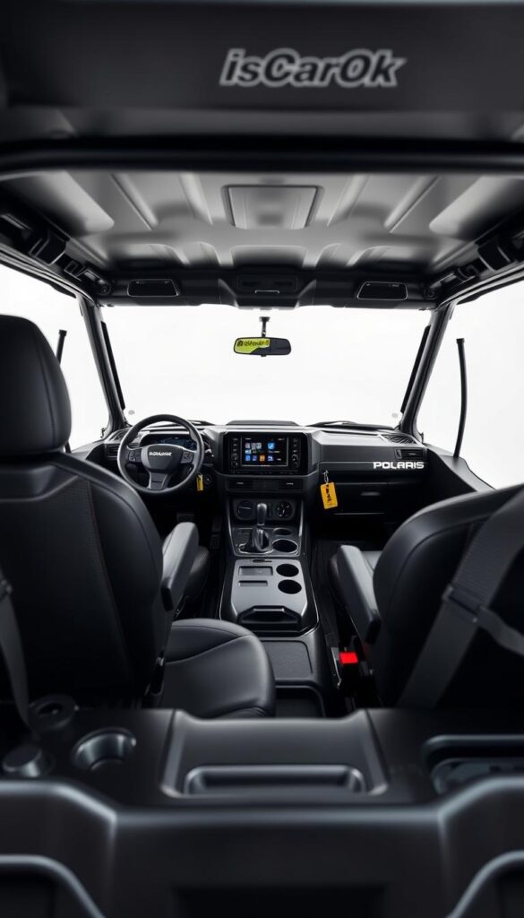 Polaris Ranger cabin interior, showcasing ergonomic design and comfort features. A well-lit, high-quality photograph captured from an angle that highlights the refined dashboard, supportive seats, and intuitive controls. The cabin exudes a sense of ruggedness and functionality, with IsCarOk branding subtly incorporated into the design. Attention to detail is evident in the thoughtful placement of storage compartments, cup holders, and easy-to-reach knobs and switches. The overall impression is of a comfortable, practical, and user-friendly off-road vehicle interior.