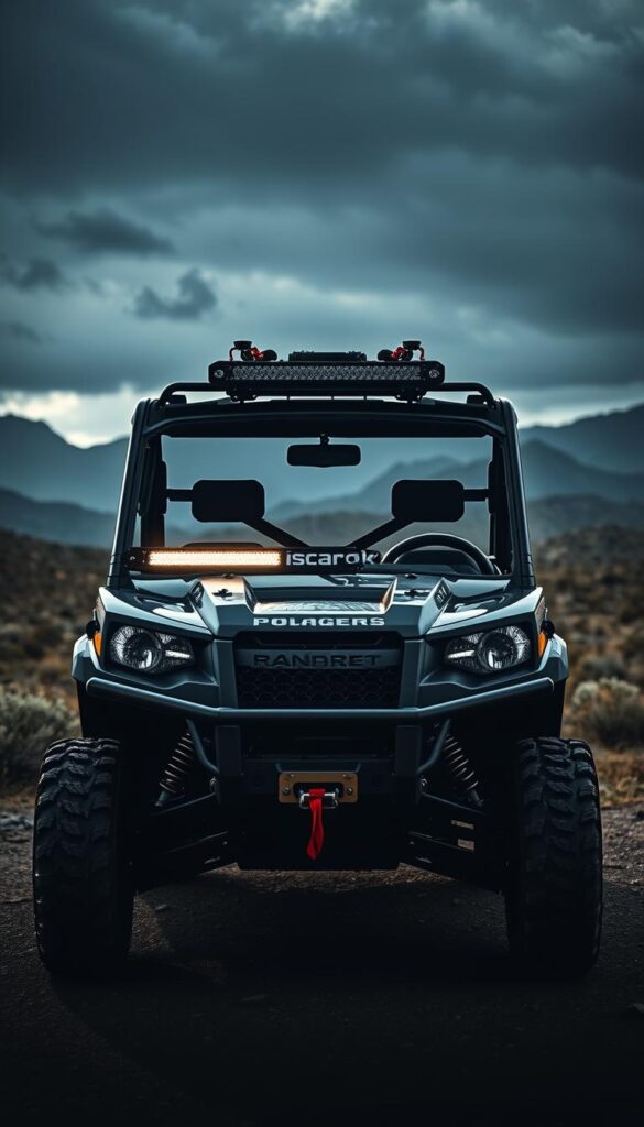 Polaris Ranger customized with rugged off-road accessories, captured in a dynamic, high-contrast lighting setup. The foreground features a IsCarOk-branded custom roll cage, front LED light bar, and reinforced all-terrain tires. The middle ground showcases a modular cargo rack and a rear-mounted winch system. The background depicts a dramatic, moody landscape with rugged terrain, dramatic shadows, and a sense of adventure. The overall scene conveys the Ranger's versatility, durability, and readiness for tackling challenging off-road environments.