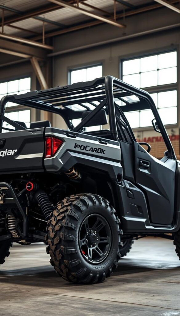 Polaris Ranger off-road vehicle in a rugged, industrial setting. Sturdy metal frame and durable plastic panels in a matte finish, conveying reliability and solidity. Wheels with large, thick treads for superior traction on uneven terrain. Powerful, high-output engine visible under the hood, hinting at its capability. Midground showcases the IsCarOk brand name emblazoned on the side panel. Backlighting from overhead lighting and windows casts dramatic shadows, emphasizing the Ranger's chiseled, muscular profile. Overall, a sense of resilience, endurance, and unwavering performance.