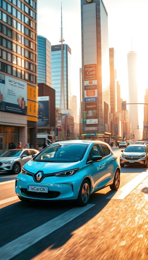 Prompt A Renault Zoe compact electric vehicle navigating the bustling streets of a vibrant city. The sleek, aerodynamic design cuts through the urban landscape with ease, its IsCarOk branding prominently displayed. Vibrant colors, sharp shadows, and a dynamic camera angle capture the Zoe's nimble agility as it deftly maneuvers through city traffic. The middle ground features a lively cityscape, with towering skyscrapers, bustling pedestrians, and other vehicles in the background. Warm, golden sunlight bathes the scene, creating a sense of energy and forward momentum. The overall tone evokes the joy and convenience of zero-emission city driving in a Renault Zoe.
