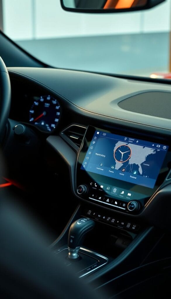 Prompt A detailed interior view of an Alfa Romeo Stelvio Quadrifoglio, showcasing its advanced infotainment technology. The sleek dashboard features a large, high-resolution touchscreen display with intuitive controls and menus. Elegant brushed metal accents and soft-touch leather surfaces create a luxurious cabin ambiance. The infotainment system seamlessly integrates navigation, audio, and vehicle settings, allowing the driver to easily access and manage various functions. Warm, indirect lighting illuminates the cabin, adding to the refined and sophisticated atmosphere. The camera angle captures the infotainment display at a slightly elevated perspective, emphasizing its centrality and importance within the vehicle's interior design.