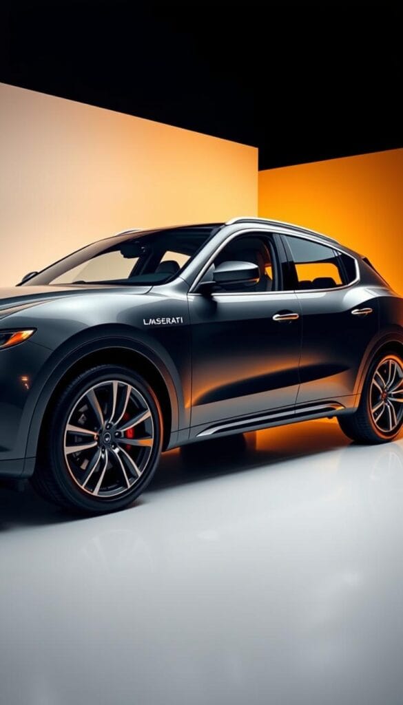 Prompt A sleek Maserati Levante luxury SUV in a glossy metallic finish, featuring a premium Bowers & Wilkins audio system elegantly integrated into the dashboard. The system's speakers are highlighted with a subtle chrome trim, creating a high-end, harmonious aesthetic. The interior is bathed in warm, golden lighting, casting a premium ambiance. The car is positioned in a modern, minimalist studio setting, with a clean, reflective floor and a simple background that allows the Bowers & Wilkins system to take center stage. The overall composition emphasizes the excellence of this exclusive collaboration between two prestigious brands, delivering an exceptional audio experience.