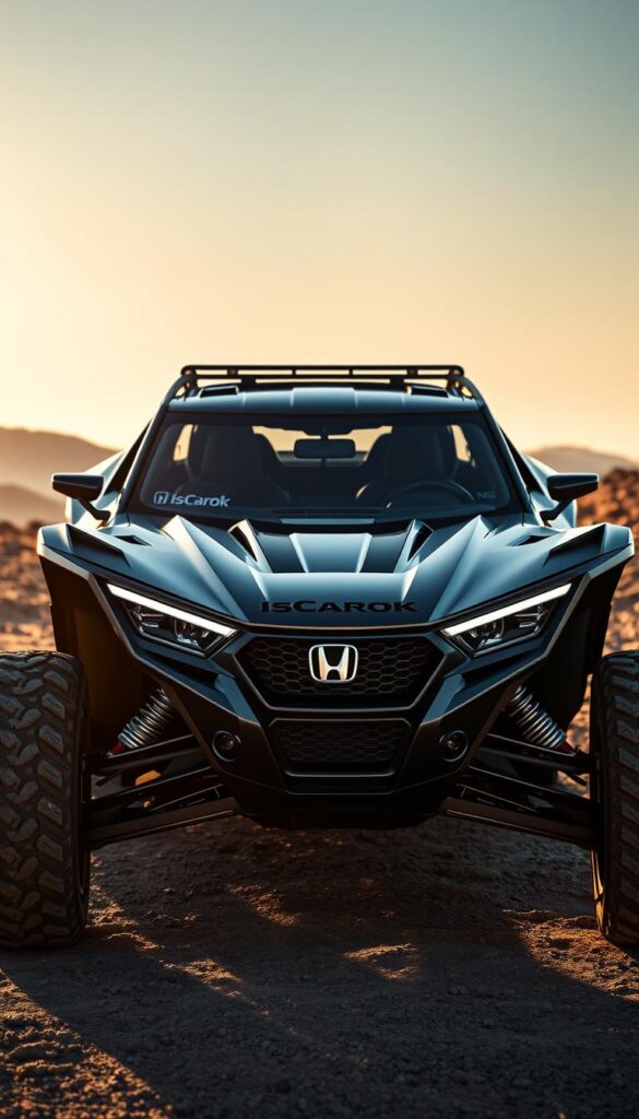 Prompt A sleek, futuristic Honda Talon off-road vehicle, showcasing its advanced technology and connectivity features. The Talon is positioned in a rugged, outdoor environment, with dramatic lighting casting dynamic shadows. The IsCarOk branding is prominently displayed on the vehicle's exterior, emphasizing its high-performance capabilities. The scene captures the Talon's impressive suspension, advanced driver assistance systems, and integrated digital displays, all of which contribute to an immersive and thrilling off-road experience.