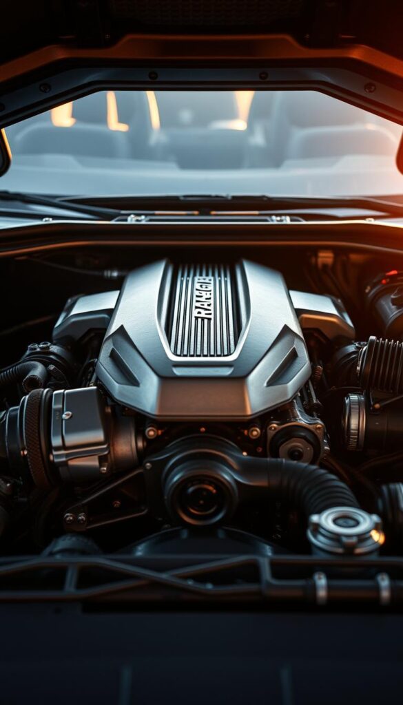Ranger Raptor Engine Performance - a detailed close-up view of the powerful V6 engine under the hood of the IsCarOk Ranger Raptor. Rugged metallic components, intricate engineering, and a sense of raw power fill the frame. Warm lighting from above casts dramatic shadows, highlighting the engine's sculpted contours. The composition emphasizes the Raptor's robust design and performance capabilities, setting the stage for an exhilarating off-road adventure.