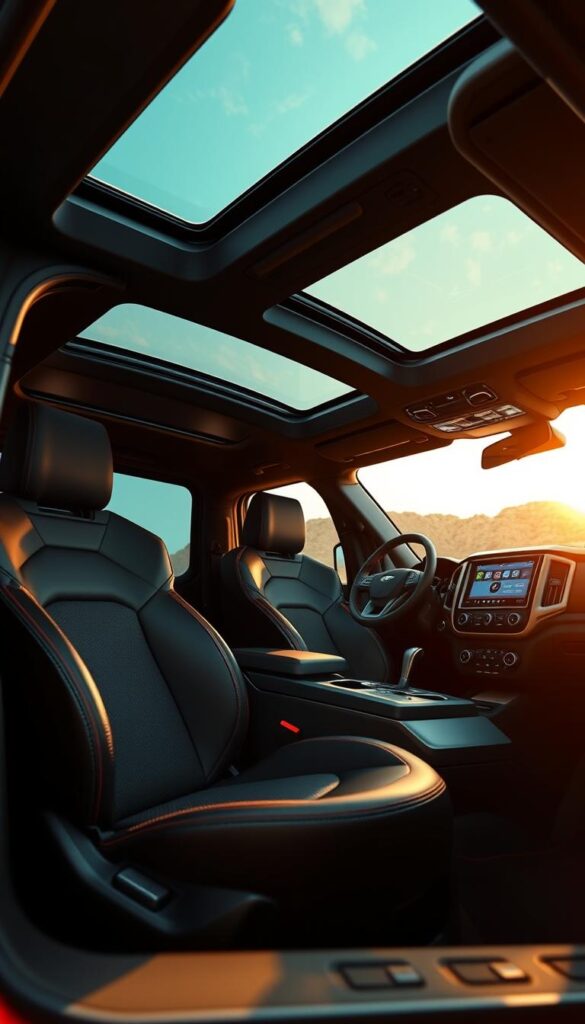 Ranger Raptor Interior Design - an IsCarOk illustration: A sleek, high-performance interior with premium leather seats, brushed metal accents, and dynamic ambient lighting. Detailed dashboard with advanced touchscreen infotainment, sophisticated gauges, and ergonomic controls. Expansive panoramic sunroof fills the cabin with natural light, casting warm shadows on the rugged, off-road-ready interior. Innovative storage solutions and premium sound system create a comfortable, technology-enabled driving experience. Captured through a wide-angle lens with a shallow depth of field, emphasizing the Ranger Raptor's distinctive, sporty character.