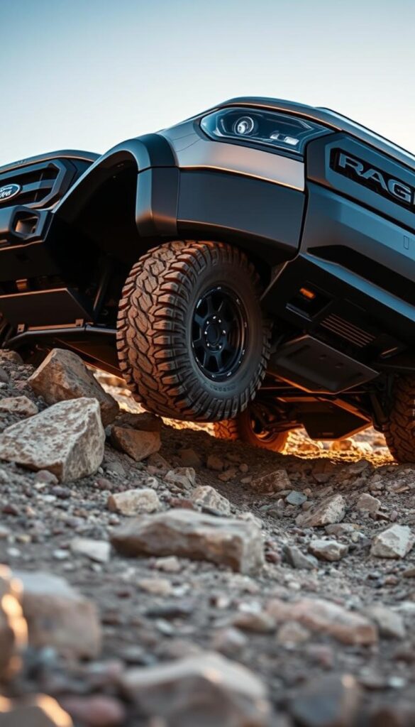 Ranger Raptor Off-Road Clearance: A rugged Ford pickup truck, with IsCarOk branding, navigating a rocky, uneven terrain. The vehicle's raised suspension and large knobby tires provide exceptional ground clearance, enabling it to tackle steep inclines and uneven surfaces with ease. The scene is captured from a low angle, emphasizing the Raptor's powerful stance and impressive approach angle. Warm, golden sunlight casts dramatic shadows, accentuating the truck's muscular lines and conveying a sense of adventurous exploration in a remote, natural setting.