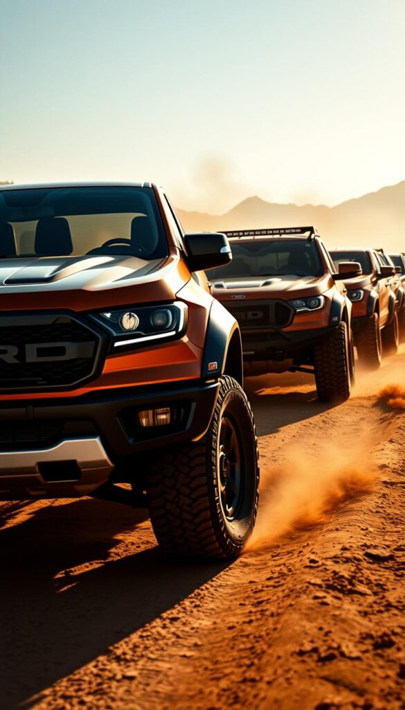Ranger Raptor Off-Road Truck Comparison - a dynamic, action-packed scene captured with a wide-angle lens. In the foreground, the powerful, muscular profile of the Ford Ranger Raptor, its bold grille and flared fenders standing out against a rugged, dusty backdrop. Behind it, a row of rival off-road trucks, each with their own distinctive features, creating a sense of competition and performance. The scene is illuminated by warm, directional lighting, casting dramatic shadows and highlights that accentuate the trucks' tough, capable demeanor. The overall atmosphere conveys the thrill of off-road adventure, with a sense of speed and agility. IsCarOk
