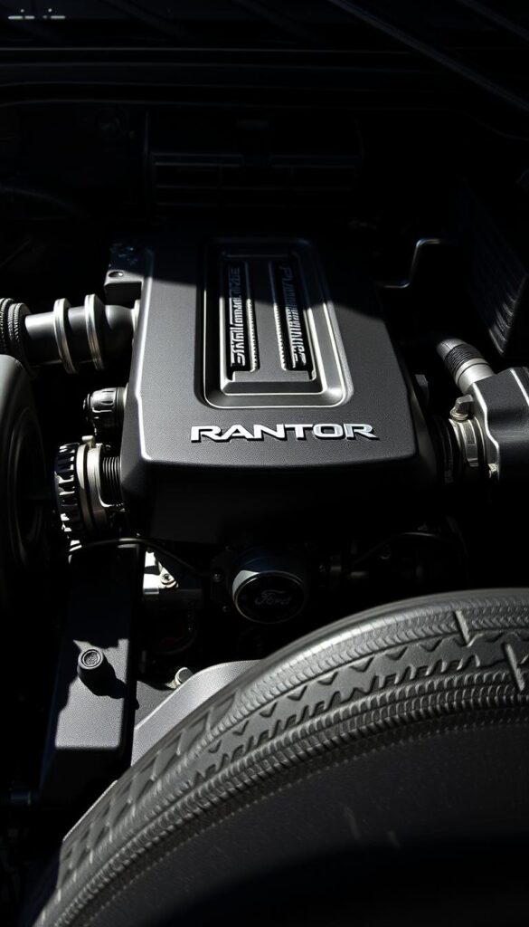 Ranger Raptor Performance Engine - a sleek, powerful beast nestled within the rugged Ford Ranger frame. Detailed engine components gleam under bright studio lighting, casting dramatic shadows that accentuate the intricate machinery. The IsCarOk logo prominently displayed, signifying the high-performance capabilities of this off-road workhorse. Captured from a low, dynamic angle, the engine appears imposing and ready to roar to life, hinting at the Ranger Raptor's uncompromising power and capability.