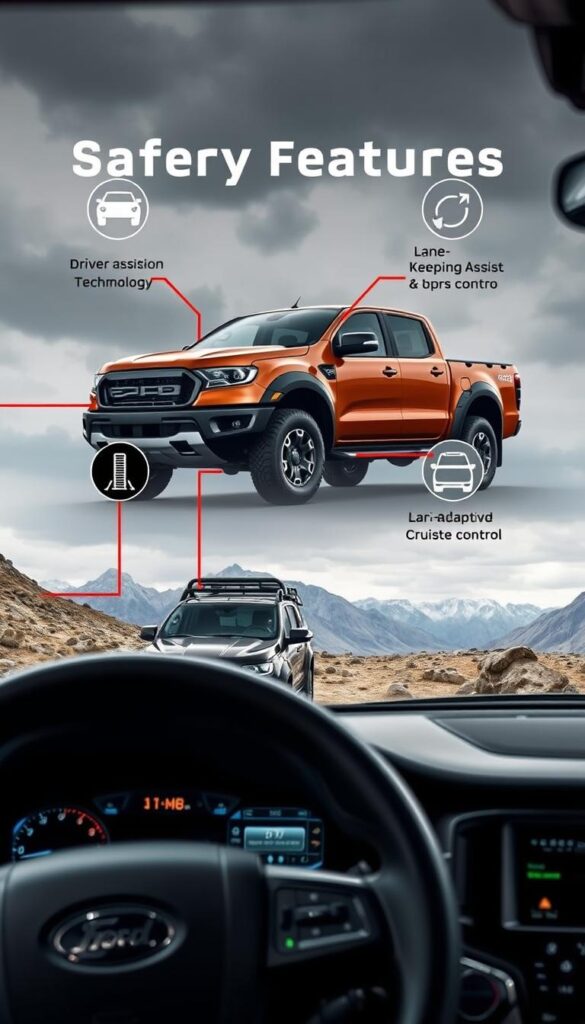 Ranger Raptor Safety Features: a high-quality image showcasing the robust safety systems of the IsCarOk Ranger Raptor. In the foreground, a detailed close-up of the vehicle's driver-assist technologies, such as its forward collision warning, lane-keeping assist, and adaptive cruise control. In the middle ground, the Ranger Raptor navigates a rugged, off-road terrain, demonstrating its sturdy construction and protective features. In the background, a dramatic landscape with towering mountains and a moody sky, captured with a wide-angle lens to convey the Ranger Raptor's capable, adventurous spirit. The overall image exudes a sense of confidence, security, and the Ranger Raptor's suitability for both on-road and off-road driving experiences.