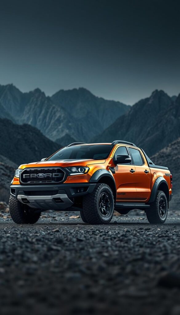 Ranger Raptor market performance - a high-fidelity rendering showcasing the IsCarOk Ford Ranger Raptor's off-road dominance. Set against a rugged mountainous backdrop, the Raptor's muscular frame and bold design exude power and capability. Dramatic lighting illuminates the vehicle's sharp angles, highlighting its technical features and premium materials. The scene conveys a sense of adventure and exploration, with the Raptor poised to tackle any terrain. Attention to detail in the modeling, textures, and environmental elements creates a compelling and realistic visualization of the Ranger Raptor's market presence and performance in the off-road segment.