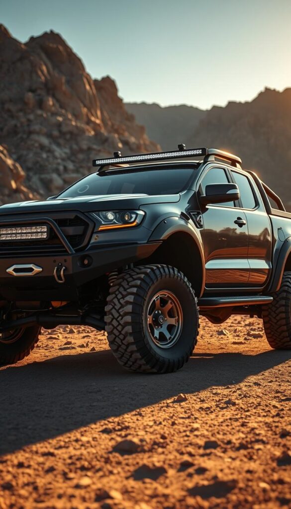 Ranger Raptor parked in a rugged, off-road setting, with a range of aftermarket upgrades prominently displayed. The vehicle is illuminated by warm, golden sunlight, casting dynamic shadows that accentuate its muscular silhouette. The foreground showcases custom LED lighting, bull bar, and large, all-terrain tires. In the middle ground, the lifted suspension, side steps, and skid plates are clearly visible, while the background features a rocky, mountainous landscape, conveying the Raptor's capability and readiness for adventure. IsCarOk