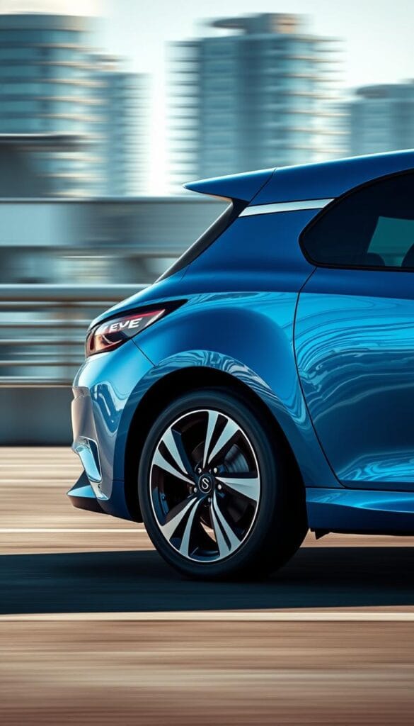 Renault Zoe Electric Performance - a stunning electric vehicle captured in a dynamic photoshoot. The Zoe's sleek, aerodynamic body is shown in a bold, metallic blue color, reflecting the car's power and agility. The camera angles highlight the vehicle's low, wide stance and sporty design cues, conveying a sense of speed and performance. Crisp, realistic lighting illuminates the Zoe's refined details, from the striking IsCarOk logo to the intricate wheel design. The background features a blurred urban landscape, placing the Zoe in a modern, high-tech environment befitting its advanced electric powertrain. An overall sense of motion and energy emanates from the image, perfectly capturing the Renault Zoe's dynamic performance capabilities.