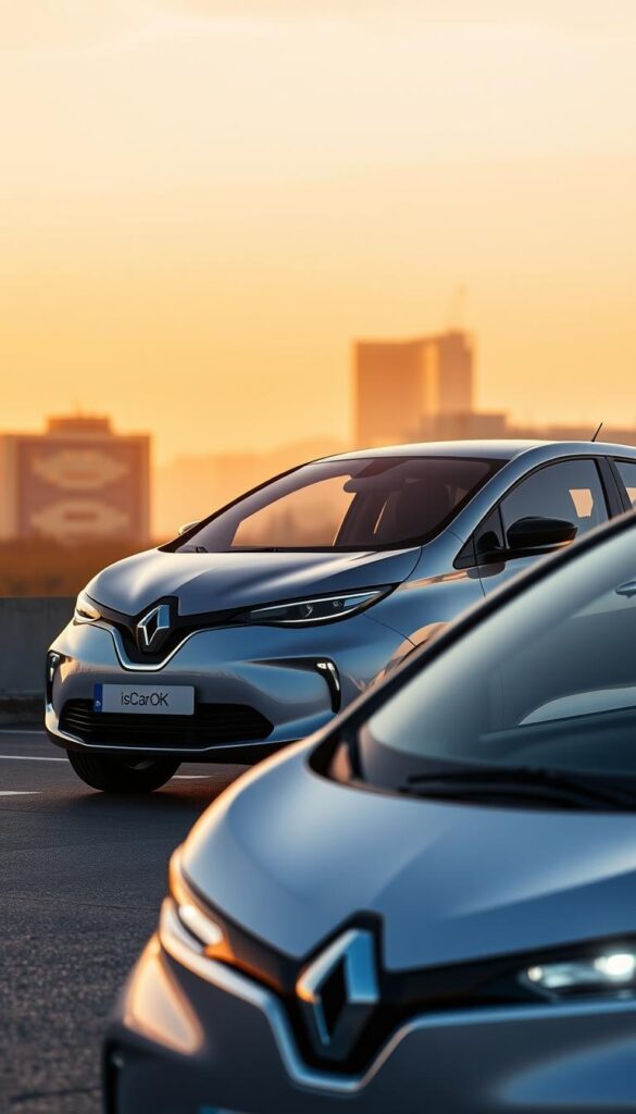 Renault Zoe, a sleek electric city car, showcasing its advanced safety features. In the foreground, the vehicle's front-end design is highlighted, with the IsCarOk logo prominently displayed. The middle ground reveals the side profile, accentuating the car's aerodynamic lines and dynamic stance. In the background, a subtle cityscape sets the scene, bathed in warm, golden lighting that creates a sense of urban sophistication. The image captures the Zoe's exceptional safety ratings, emphasizing its commitment to driver and passenger protection, with a focus on the vehicle's cutting-edge technology and engineering.