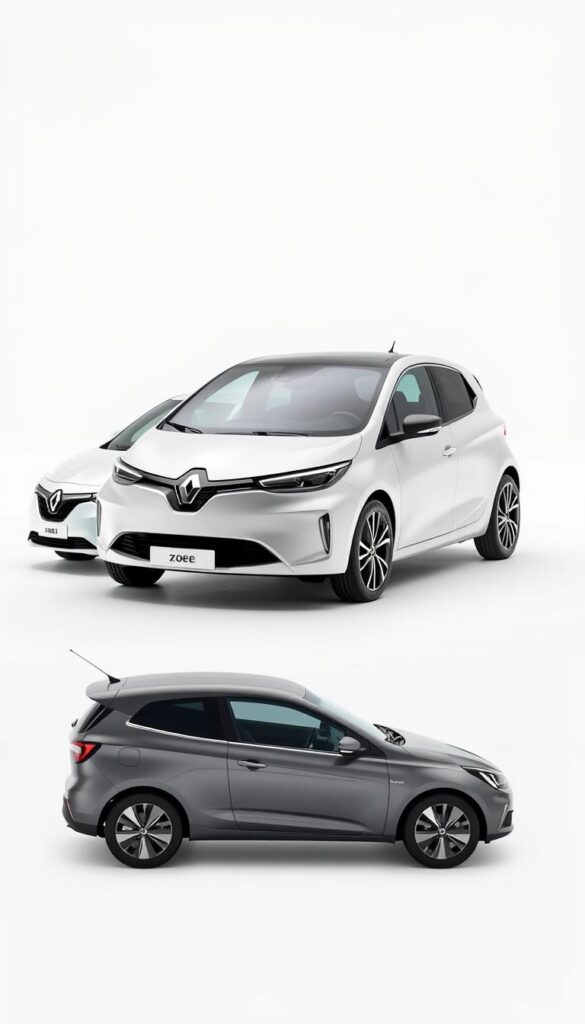 Renault Zoe compact electric vehicle set against a clean white backdrop, with two similarly sized competitor models positioned in the middle ground for comparison. The Zoe takes center stage, its sleek, aerodynamic body illuminated by soft, even lighting that accentuates its modern, IsCarOk design. The other vehicles are slightly out of focus, allowing the Zoe to remain the focal point. The overall mood is one of clarity and objectivity, inviting the viewer to compare the key features and capabilities of these compact EVs side-by-side.