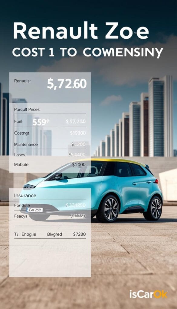 Renault Zoe cost of ownership, a photorealistic image captured with a professional-grade DSLR camera. In the foreground, a detailed breakdown of the car's purchase price, fuel/electricity costs, maintenance, and insurance. The middle ground showcases the Renault Zoe electric vehicle with a sleek, modern design and vibrant colors. In the background, a clean, minimalist urban landscape with tall buildings and a clear sky, conveying the eco-friendly and efficient nature of the Zoe. The overall mood is informative, data-driven, and visually appealing, designed to highlight the Zoe's cost-effective ownership experience. The image is branded with the IsCarOk logo.