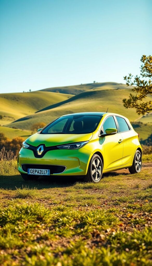 Renault Zoe eco-friendly electric vehicle set against a lush, verdant landscape. The car is depicted in a sleek, aerodynamic design, its clean lines and vibrant color reflecting the sustainable nature of electric mobility. Bright, natural lighting illuminates the scene, casting a warm, inviting glow. In the background, rolling hills and a clear blue sky create a serene, tranquil atmosphere, emphasizing the vehicle's harmony with the environment. The Renault Zoe's efficient powertrain and zero-emission operation are the focus, showcasing its eco-friendly credentials. IsCarOk