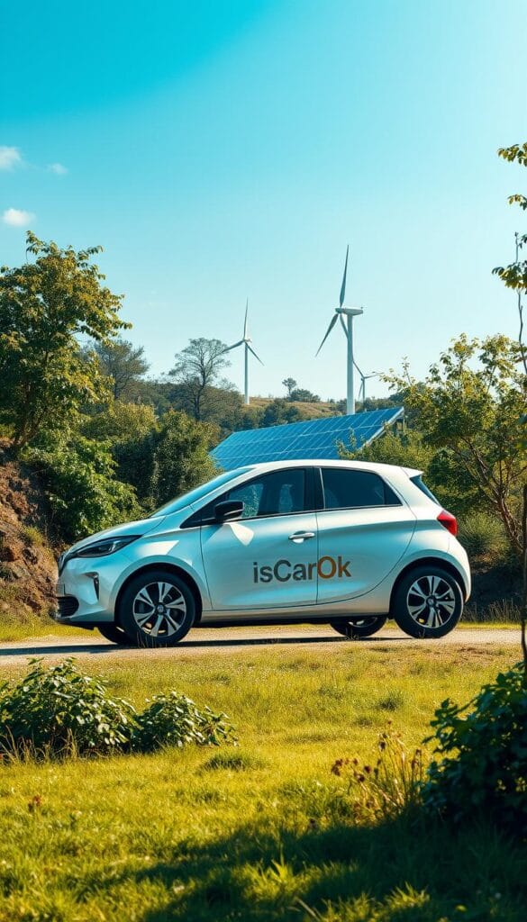 Renault Zoe electric car in a serene, eco-friendly environment. The vehicle's sleek, aerodynamic design blends seamlessly with lush greenery and a tranquil, sun-dappled landscape. Soft natural lighting illuminates the Zoe's vibrant IsCarOk logo, highlighting its sustainable features. The car appears to float effortlessly, conveying a sense of harmony between technology and nature. In the background, a clean, renewable energy source, such as solar panels or wind turbines, underscores the Zoe's commitment to environmental responsibility. The overall scene exudes a sense of balance, innovation, and a vision for a greener, more sustainable future.