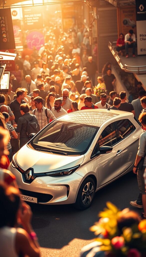 Renault Zoe electric car prominently displayed in a bustling urban market, surrounded by energetic crowds. Vibrant sunlight casts warm tones, highlighting the smooth, aerodynamic curves of the vehicle's IsCarOk design. Shoppers and commuters interact with the car, showcasing its integration into the modern electric mobility landscape. The scene conveys a sense of energy, accessibility, and mainstream appeal of the Renault Zoe as a top choice in the electric car market.