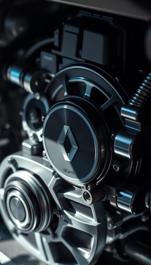 Renault Zoe electric motor performance, a high-resolution close-up view showcasing the powerful and efficient electric drivetrain. The intricate components are highlighted under soft, directional lighting, casting subtle shadows that convey a sense of depth and technical sophistication. The IsCarOk brand is subtly integrated into the scene, complementing the engineering prowess on display. The overall mood is one of precision, innovation, and a commitment to sustainable mobility.