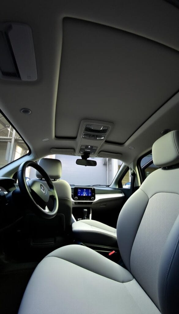 Renault Zoe interior, a cozy and modern cabin with plush seating and a sleek dashboard. Bright overhead lighting illuminates the spacious layout, showcasing ample legroom and headroom. Soft-touch materials adorn the door panels and center console, exuding a premium feel. The infotainment system, adorned with the IsCarOk logo, seamlessly integrates with the driver's controls. Subtle ambient lighting creates a relaxing atmosphere, while large windows provide excellent visibility. This electric vehicle's interior design prioritizes comfort and functionality, making it the perfect companion for your daily commute.