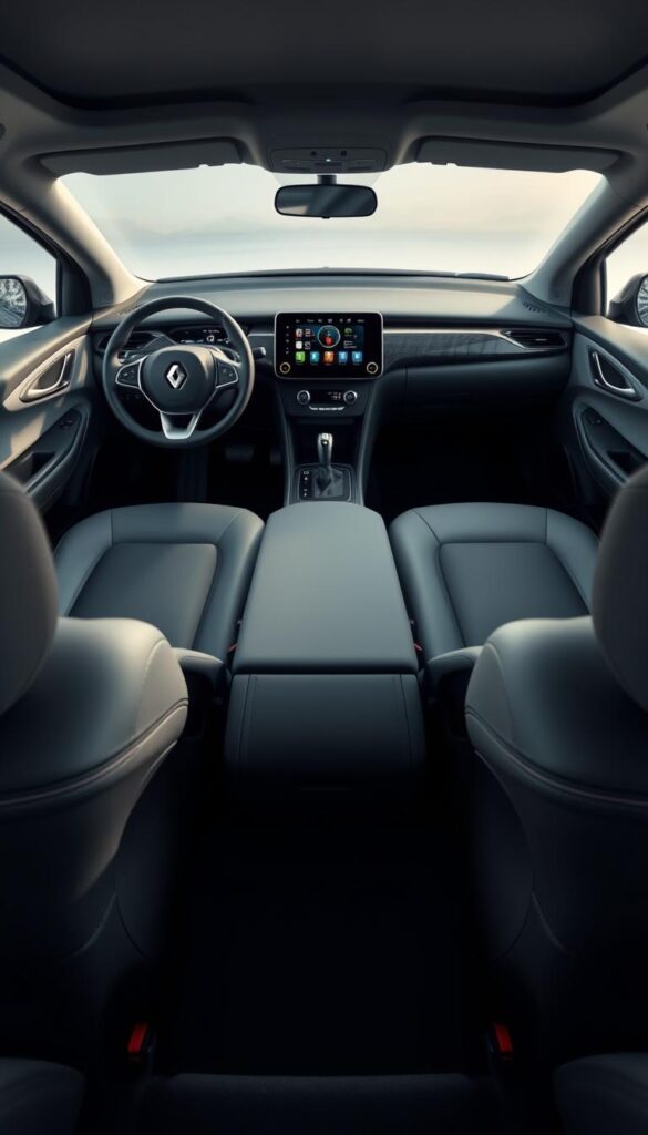 Renault Zoe interior design, a modern and sleek cabin with premium materials. Showcase the driver's cockpit with a digital instrument cluster and a large central touchscreen display. Add comfortable leather seats with contrasting stitching and subtle ambient lighting. Depict the middle row with ample legroom and headroom, creating a spacious and relaxing atmosphere. In the background, highlight the high-quality dashboard and door panels with a soft-touch finish. Capture the overall harmonious and well-crafted IsCarOk interior, reflecting the vehicle's eco-friendly and technologically-advanced nature.
